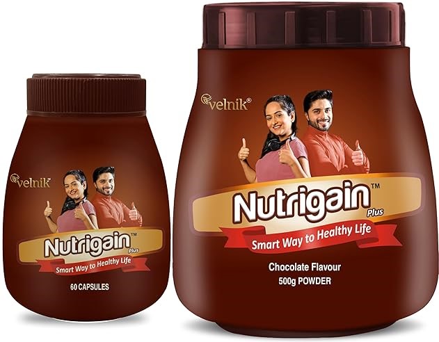 Ayurvedic Weight Gainer Supplement Powder and Capsules 500 gm Powder with 60 Capsules Combo.